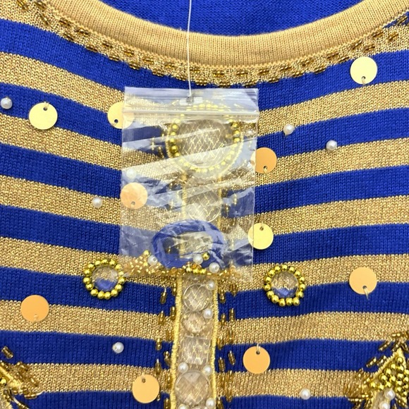 Quacker Factory Womens 1X Blue‎ Gold Metallic Beaded Anchor Sweater Nautical Art - Picture 4 of 7